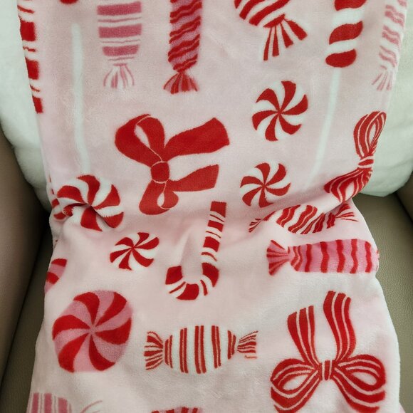 Pink Christmas Holiday Plush Throw Blanket-Candy Cane-Peppermint-Coquette Bow - Picture 2 of 2